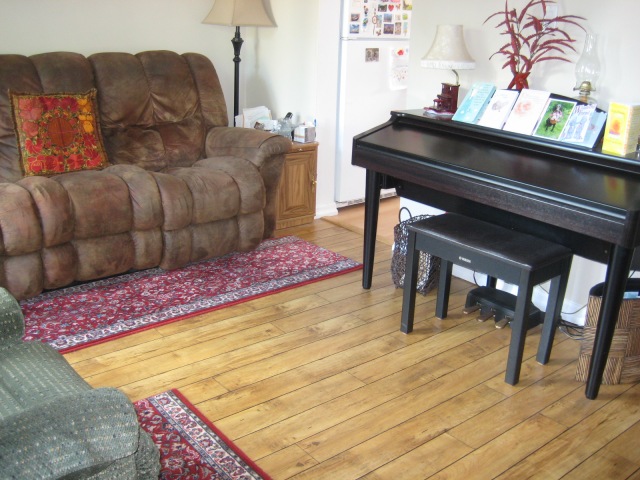 Our "new" living room, with new flooring and the other set of new oriental-style runner rugs. And that's my piano, the gift I bought myself in memory of my Dad after he died.
